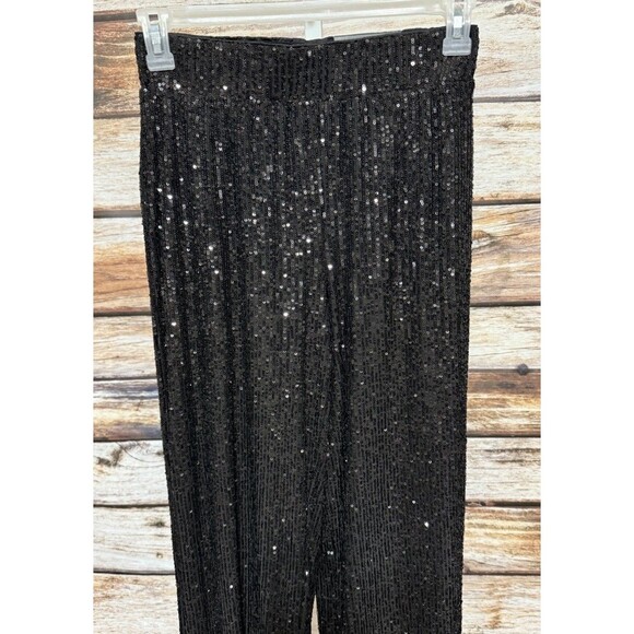 Maurices Black Sequin Pants Small Regular Pull-On Wide Leg Lined Party Evening - Picture 3 of 7